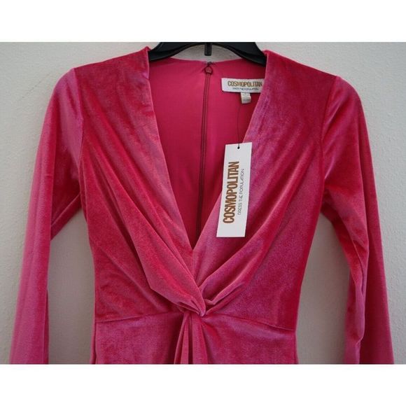 Cosmo Dress the Population Women's Sz S Fuchsia Aidan Twist Plunge Velvet Dress - Picture 3 of 10